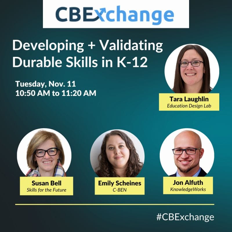 CBExchange 2025 session graphic for Developing and Validating Durable Skills in K-12, with headshots of four speakers