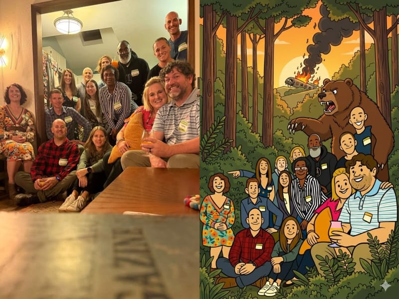 Side-by-side of a cocktail party group photo on the left and a cartoon illustration of the same group posed in a forest with a bear on the right